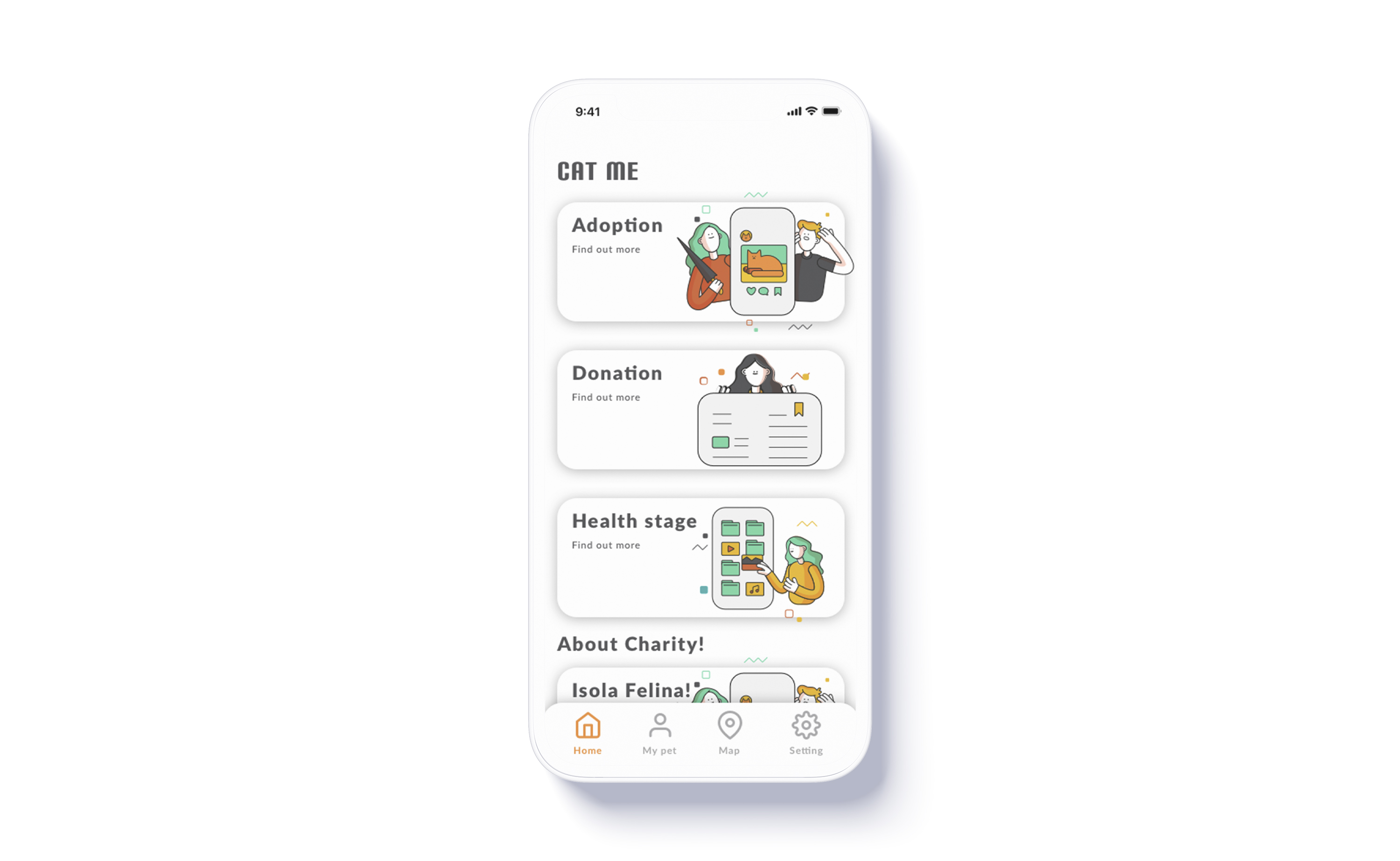 Cat Me — Home screen showing main navigation structure